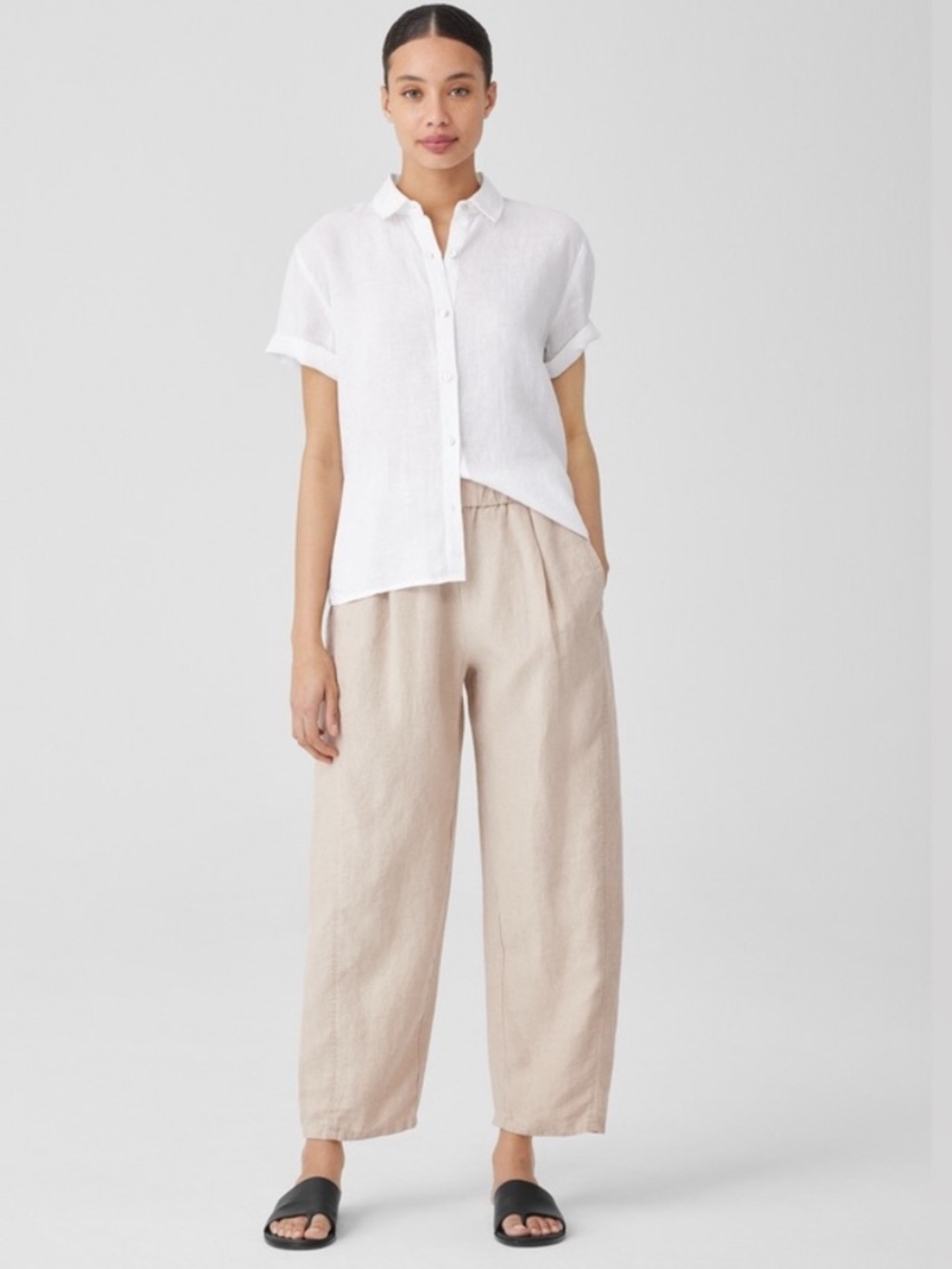 Eileen Fisher Neutral Tan Relaxed Linen Barrel Leg Pants | S